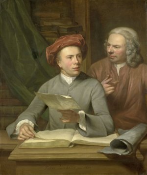 Self Portrait. Standing beside the Artist is his Father and Teacher Jan Maurits Quinkhard by Julius Henricus Quinkhard Oil Painting