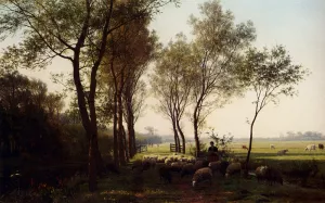 A Shepherdess and Her Flock on a Country Lane by Julius Jacobus Van De Sande Bakhuyzen Oil Painting