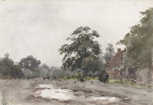Boerderij onder hoge bomen met water op de voorgrond by Julius Jacobus Van De Sande Bakhuyzen Oil Painting