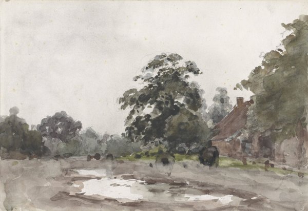 Boerderij onder hoge bomen met water op de voorgrond  by Julius Jacobus Van De Sande Bakhuyzen - Hand-Painted Oil Painting Reproduction