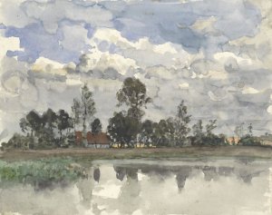Bomen zich spiegelend in het water bij een bewolkte lucht by Julius Jacobus Van De Sande Bakhuyzen Oil Painting
