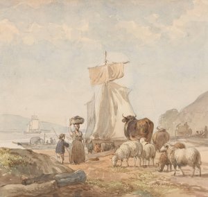 Figuren met vee bij rivieroever met veerboot by Julius Jacobus Van De Sande Bakhuyzen Oil Painting