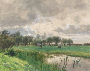 Koe grazend in een weide by Julius Jacobus Van De Sande Bakhuyzen Oil Painting