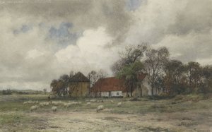 Landschap met boerderij en herder met schapen by Julius Jacobus Van De Sande Bakhuyzen Oil Painting