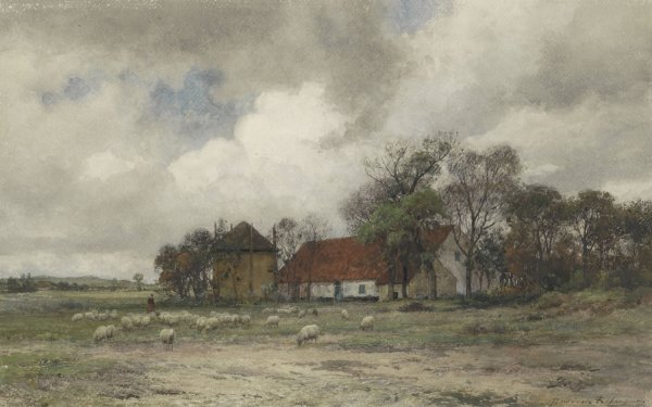 Landschap met boerderij en herder met schapen  by Julius Jacobus Van De Sande Bakhuyzen - Hand-Painted Oil Painting Reproduction