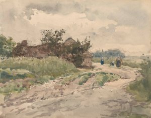 Landweg met enkele figuren, leidend naar een boerderij by Julius Jacobus Van De Sande Bakhuyzen Oil Painting