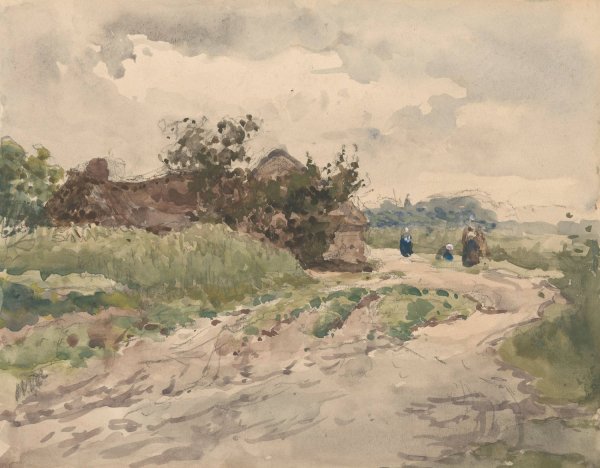 Landweg met enkele figuren, leidend naar een boerderij  by Julius Jacobus Van De Sande Bakhuyzen - Hand-Painted Oil Painting Reproduction