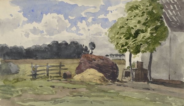 Stapel hout voor een boerderij in het weiland  by Julius Jacobus Van De Sande Bakhuyzen - Hand-Painted Oil Painting Reproduction