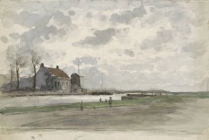 Vaart met een molen by Julius Jacobus Van De Sande Bakhuyzen Oil Painting