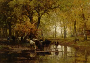 Watering Cows in a Pond by Julius Jacobus Van De Sande Bakhuyzen - Oil Painting Reproduction