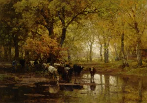 Watering Cows in a Pond Oil Painting by Julius Jacobus Van De Sande Bakhuyzen - Bestsellers