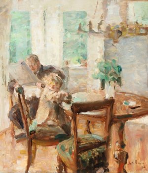 Barnet leger, mens far laeser avis by Julius Paulsen Oil Painting