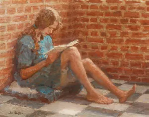 Laesende pige siddende ved en murstensvaeg by Julius Paulsen Oil Painting