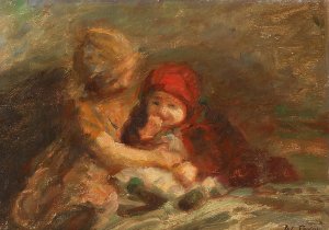 Storesoster passer pa den yngste by Julius Paulsen Oil Painting