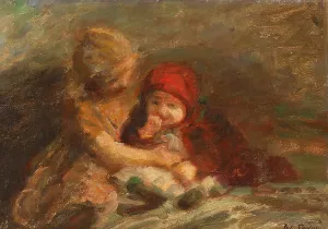 Storesoster passer pa den yngste by Julius Paulsen Oil Painting