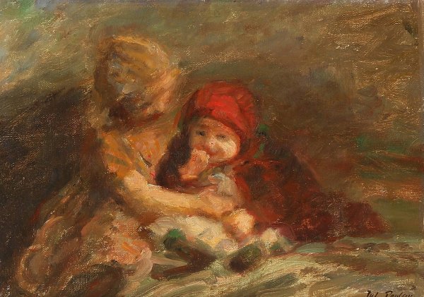 Storesoster passer pa den yngste by Julius Paulsen - Hand-Painted Oil Painting Reproduction