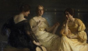Unge kvinder. Fra venstre; Karen Bramsen; kunstnerens hustru Esther, f. Lange; Johanne Munch-Petersen by Julius Paulsen Oil Painting