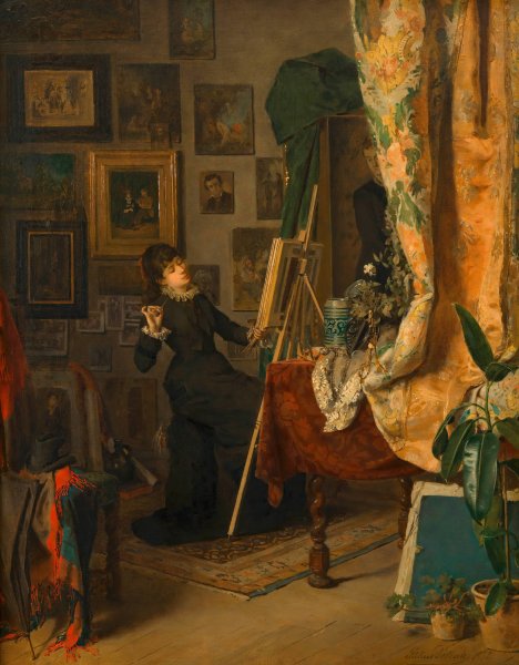 Die junge Malerin in ihrem Atelier  by Julius Pollak - Hand-Painted Oil Painting Reproduction