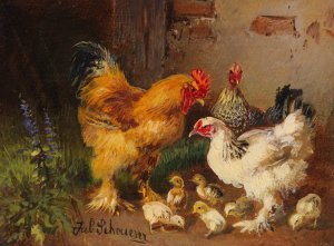 Hahn, Huhner und Kuken vor dem Stall auf der Wiese by Julius Scheuerer Oil Painting