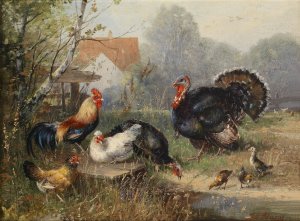 Huhnervolk und ein Truthahn by Julius Scheuerer Oil Painting