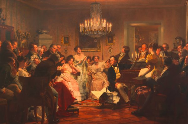 Ein Schubertabend in einem Wiener Burgerhause  by Julius Schmid - Hand-Painted Oil Painting Reproduction