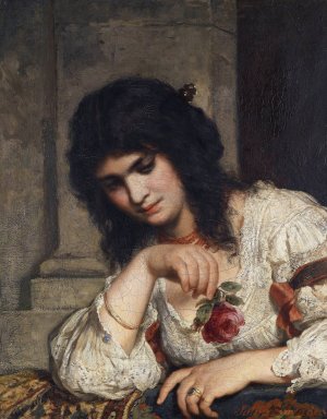 Dame An Der Brustung Mit Rose by Julius Schrader Oil Painting