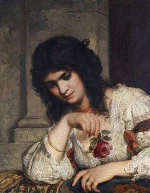 Dame An Der Brustung Mit Rose by Julius Schrader Oil Painting