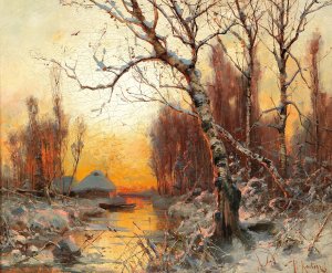 Winter Landscape With Birch In The Evening Light by Julius Sergius Klever Oil Painting