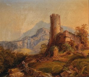 A Mountainous Landscape with Castle Ruins and Figures by Julius Theodor Gruss Oil Painting