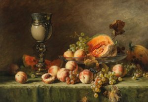 A Still Life with Peach, Grapes and Pumpkin by Julius Victor Carstens Oil Painting
