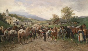 Pferdemarkt by Julius Von Blaas Oil Painting