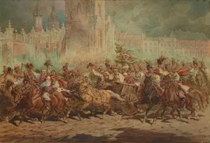 Krakow Wedding Procession Riding in Front of the Emperor on the Main Market Square in Krakow by Juliusz Kossak Oil Painting