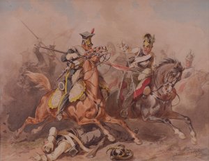 Skirmish between Lancers from the Legion of the Vistula and the Russian cuirassiers by Juliusz Kossak Oil Painting
