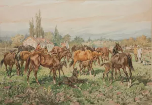 Stud on a meadow by Juliusz Kossak Oil Painting