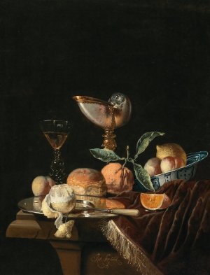 A Nautilus cup, a Wan-Li Kraak porcelain bowl with mixed fruit, a silver salver and a glass of wine on a stone table with a velvet cover by Juriaen Van Streeck Oil Painting