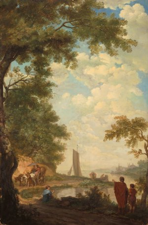 Arcadisch landschap met figuren bij een rivieroever by Jurriaan Andriessen Oil Painting