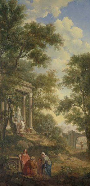 Arcadisch landschap met links een tempel en op de voorgrond een zittende oude man by Jurriaan Andriessen Oil Painting
