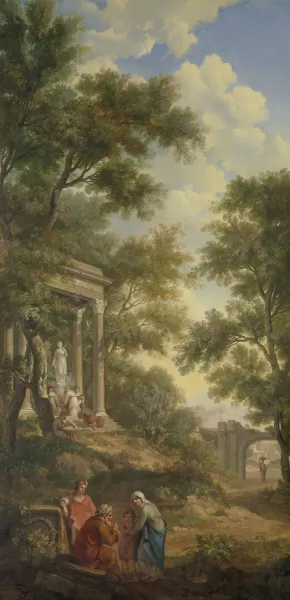 Arcadisch landschap met links een tempel en op de voorgrond een zittende oude man by Jurriaan Andriessen Oil Painting