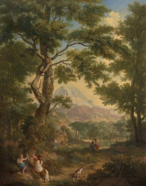 Arcadisch landschap met linksvoor kinderen met een vogel en een hond by Jurriaan Andriessen Oil Painting
