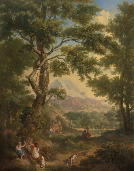 Main Product Photo of Arcadisch landschap met linksvoor kinderen met een vogel en een hond  Painting by Jurriaan Andriessen