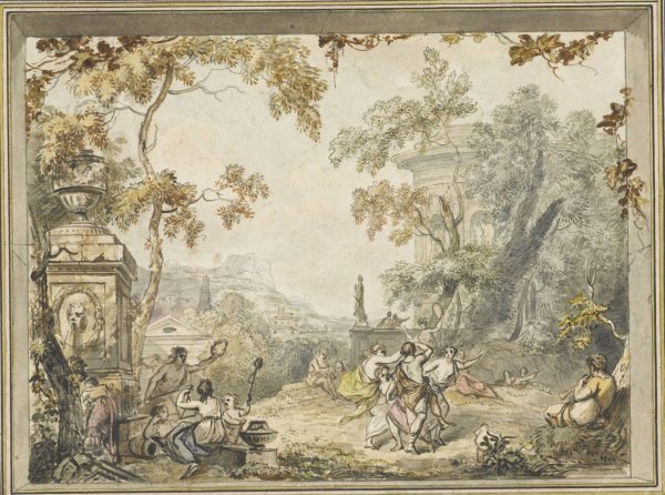 Main Product Photo of Ontwerp voor een kamerbeschildering; idyllisch-arcadisch landschap met klassieke gebouwen  Painting by Jurriaan Andriessen