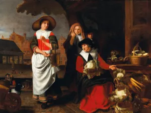 A Town Square With An Old Woman Selling Vegetables At A Market Stall by Justus De Gelder Oil Painting