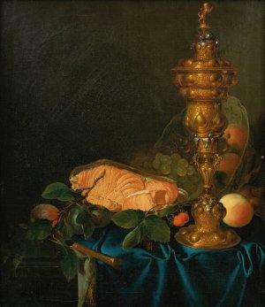 Still life with a cup, a salmon and fruits by Justus Juncker Oil Painting