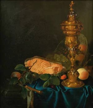 Still life with a cup, a salmon and fruits by Justus Juncker Oil Painting