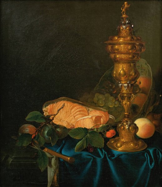 Still life with a cup, a salmon and fruits  by Justus Juncker - Hand-Painted Oil Painting Reproduction