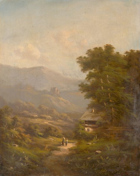 Landscape With A Mountain Road And Castle Ruins  by K. Hermann - Hand-Painted Oil Painting Reproduction