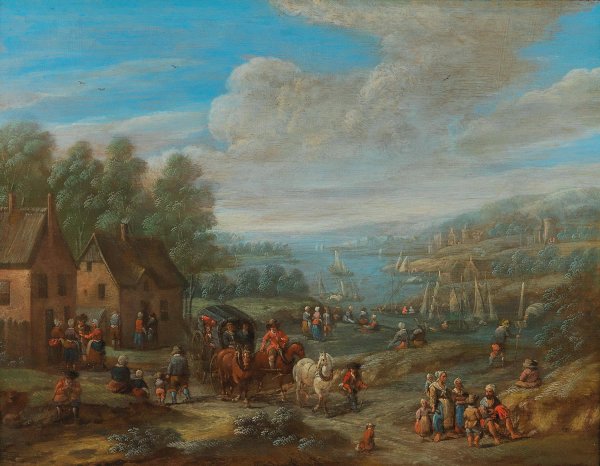 A river landscape with a village and travellers by Karel Breydel - Hand-Painted Oil Painting Reproduction