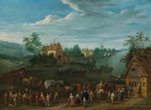 A river landscape with travellers in the foreground by Karel Breydel Oil Painting