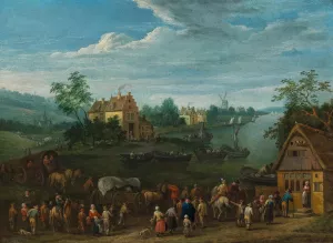A river landscape with travellers in the foreground by Karel Breydel Oil Painting