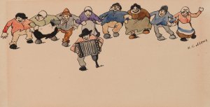 Harmonica Player and a Row of Dancing Figures by Karel Collens Oil Painting